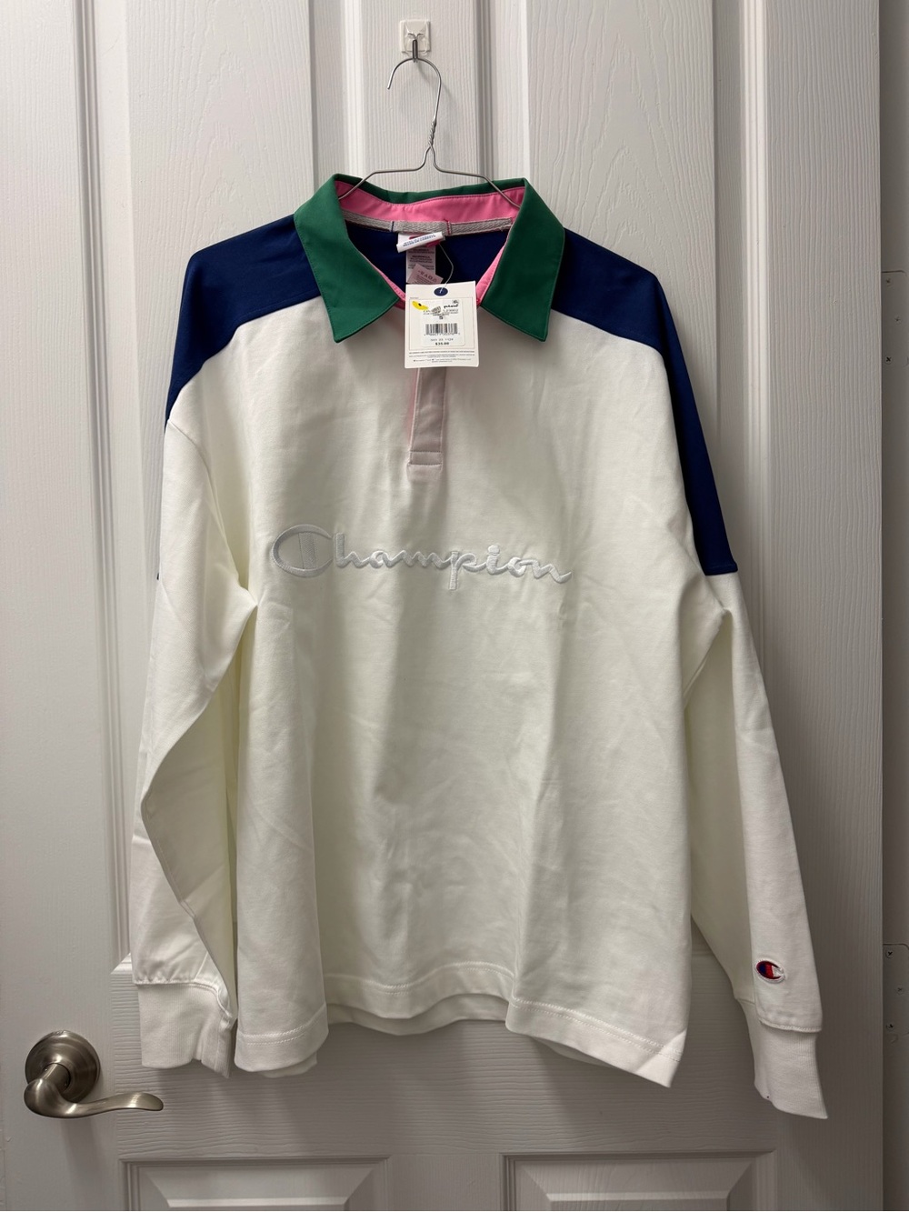 Champion White Rugby Shirt with Navy Shoulders and Green Collar